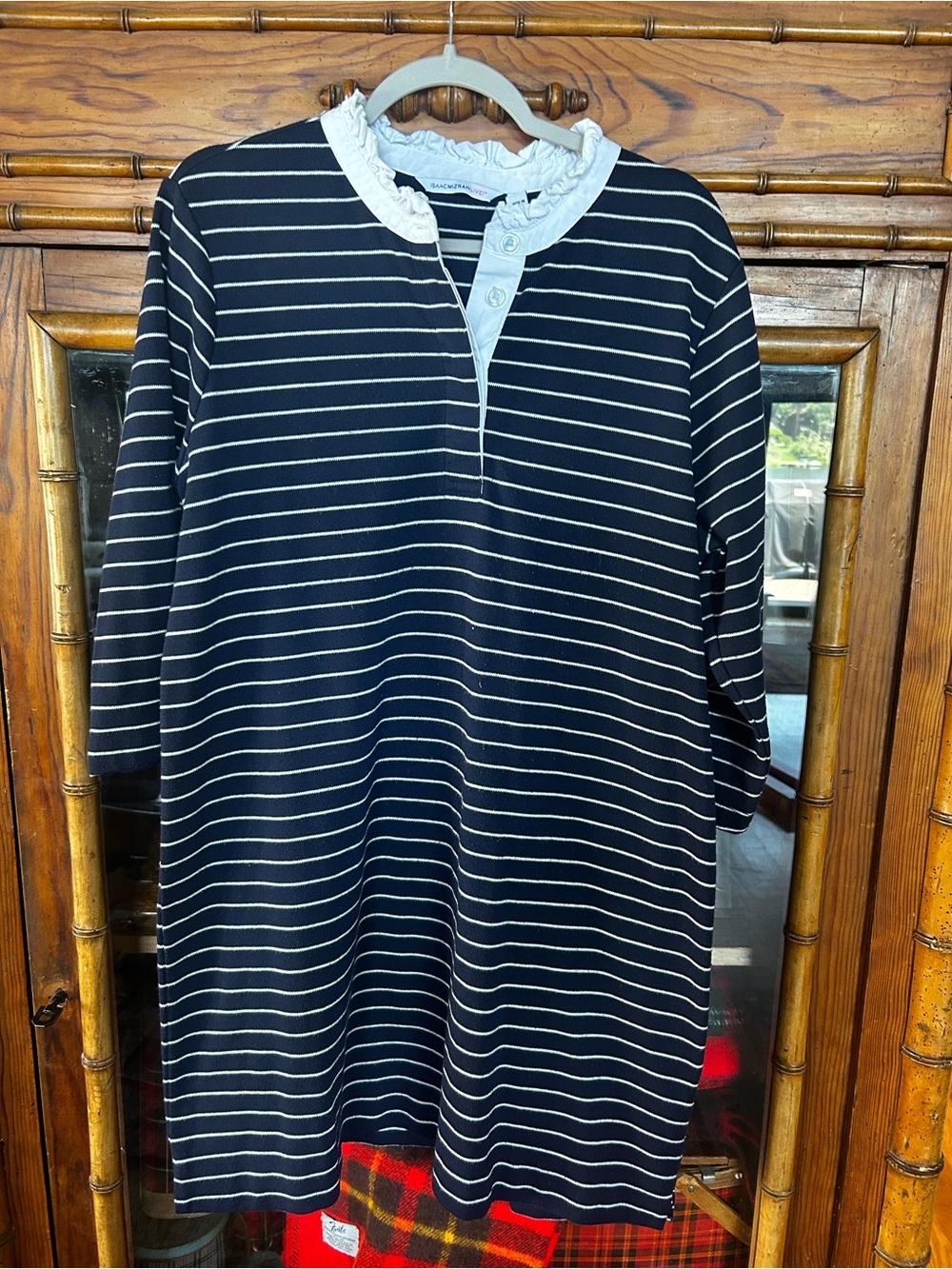 Isaac Mizrahi Navy and White Striped Ruffle-Collar Dress